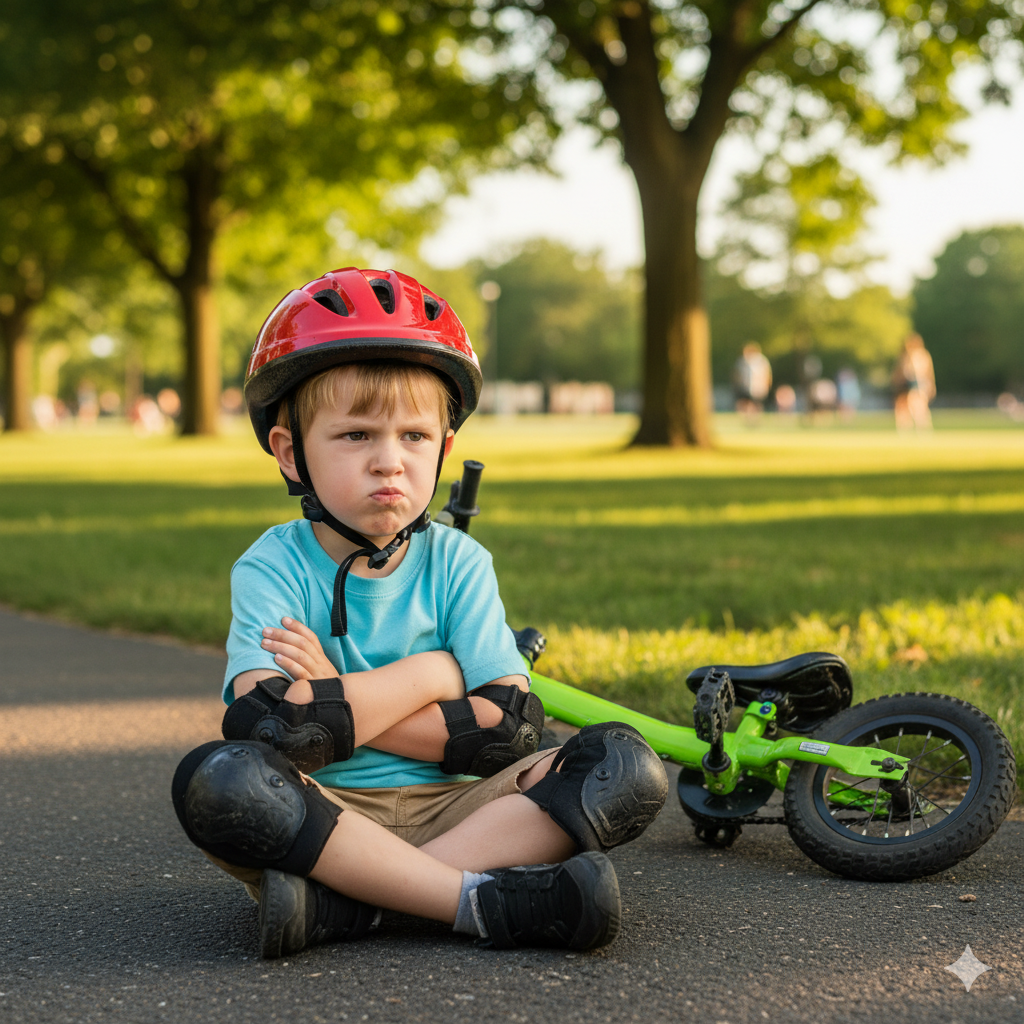 niño frustrado por no aprender a montar en bici
